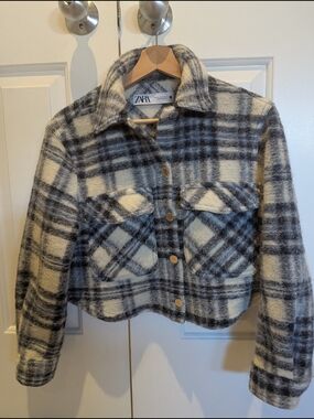 ZARA Blue Plaid Cropped Wool Shacket Jacket Grunge 90s XS